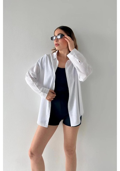 Rouge Basıc Oversize Keten Dokulu %100 Pamuk Salaş Gömlek Bb-ku3435 Beyaz
