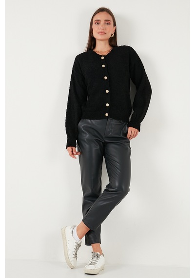 Lela Premium Regular Fit Bisiklet Yaka Yumuşak Dokulu Bayan Hırka 680Hi00147 Siyah