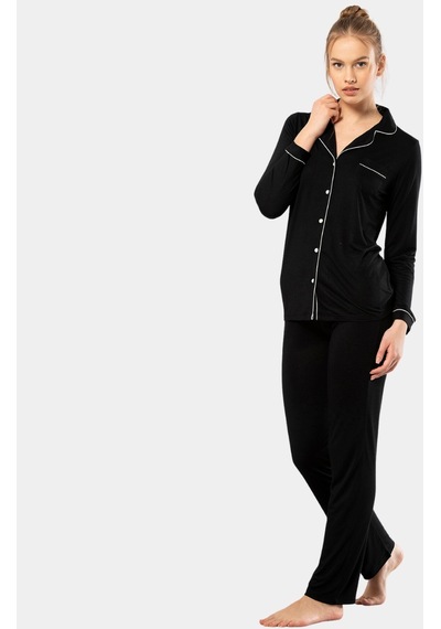 Türen Düz Uzun Kollu Gömlek Yaka Pijama Takım 001