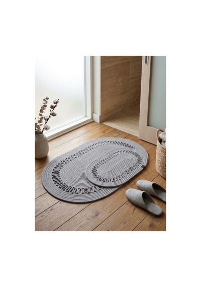 Oval Örgü Desenli 2'li Gri Hasır Dekoratif Paspas Set 40x60 / 50x80 Gri Gri