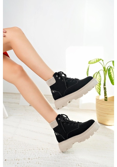Nesil Shoes Mugo 504 Siyah Süet Bağcıklı Kadın Bot-siyah Süet Siyah