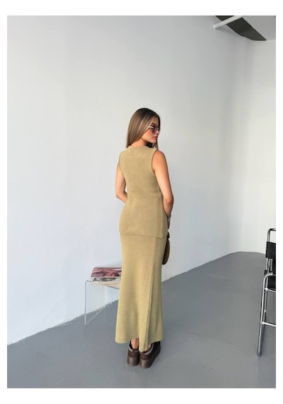 Kechi Woman Gold Aksesuarlı Etekli Triko Takım Haki