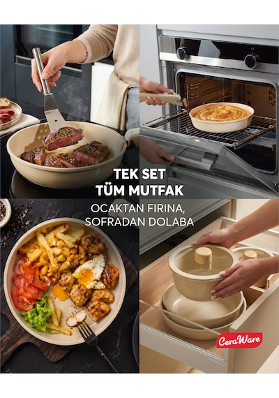 Ceraware Hona Made in Korea Seramik Yapışmaz Tencere Tava Seti 9 Parça Tak Çıkar Saplı İç İçe Geçebilen Set