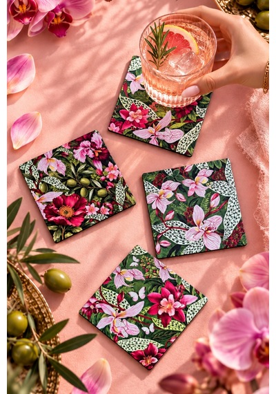 Pembe Orkide, Tropikal Çiçekler Ve Zeytin Dalı Desenli Botanik Floral Temalı 4 Lü Kare Bardak Altlığı Set 9 Cm, 3 Mm Ahşap Mdf, Dijital Baskı - 934211712 Diğer Pembe Orkide, Tropikal Çiçekler Ve Zeytin Dalı Desenli Botanik Floral Temalı 4 Lü Kare Bardak Altlığı Set 9 Cm, 3 Mm Ahşap Mdf, Dijital Baskı - 934211712 Diğer