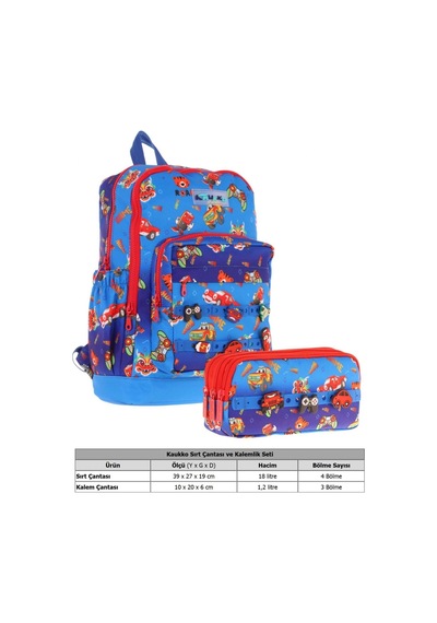 Kaukko Kids Erkek Çocuk Mavi Kırmızı Okul Çantası Ve Üç Bölmeli Kalemlik Seti - Silikon Aksesuarlı Mavi - Turuncu