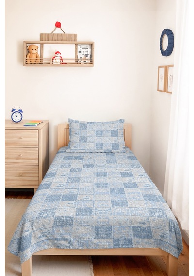 Mavi Geometrik Genç Odası Tek Kişilik Pike Takımı - Modern Beyaz 160x220 Cm Kapitone Yatak Örtüsü Mat Pencere İzi