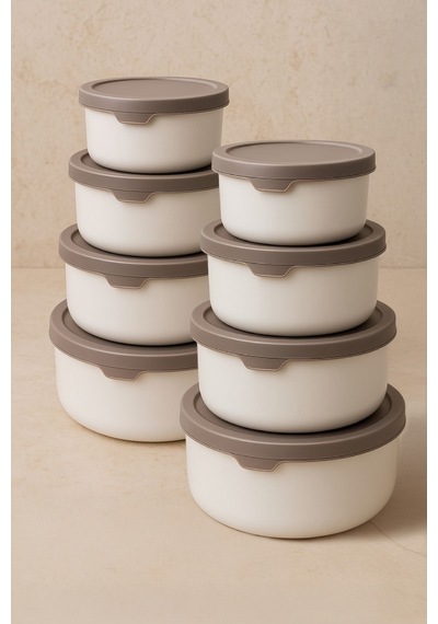 8 Li Yuvarlak Saklama Kabı Seti 0,45ml -0,8ml-1.5l-2.5l Mikrodalga Ve Dondurucu Uyumlu Bej