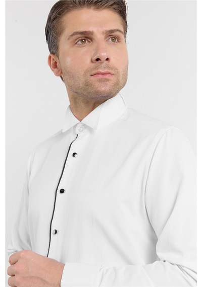 İmza Beyaz Uzun Kol Ata Yaka Düz Pamuklu Slim Fit Gömlek 1004260215
