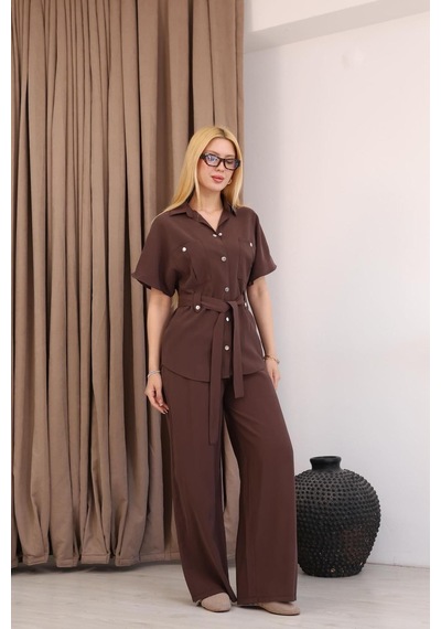 Famoda Taba Kısa Kollu Beli Bağlamalı Tunik Pantolon Takımı
