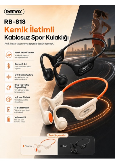 Remax Rb-s18 Kemik İletimli Bluetooth 5.4 Kablosuz Spor Kulaklığı - Açık Kulak Tasarımlı Rb-s18 Turuncu
