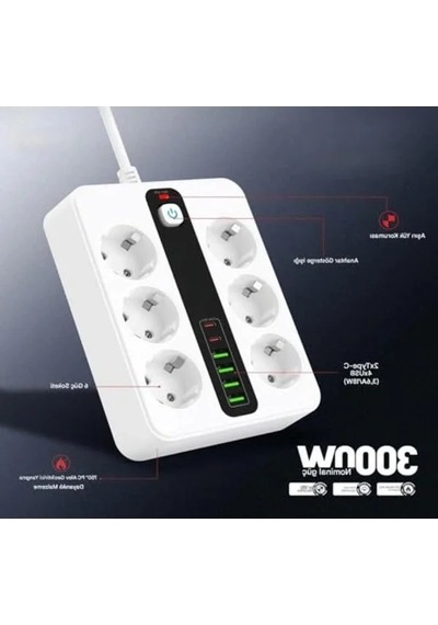 6'lı Priz, 4 Usb Ve 2 Type-c Çıkışı İle Kullanıma Uygun 0