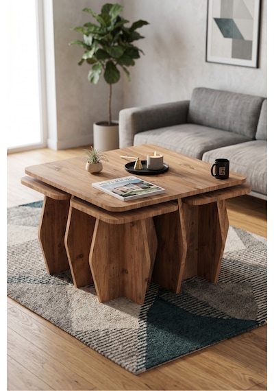 Vaveni Orta Sehpa Ve Zigon Sehpa 5'li Set Modern Çok Amaçlı Salon Oturma Odası Yan Sehpa 9248 Atlantik Çam Arz