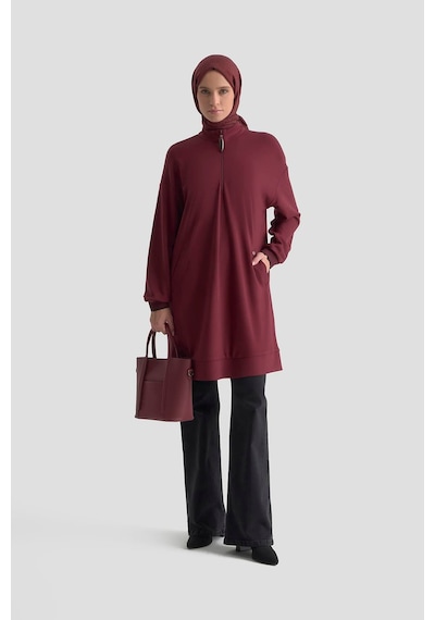 Armine Trend Yarım Fermuarlı Kolları Ribanalı Cepli Örme Tunik Bordo 25kt461 Bordo