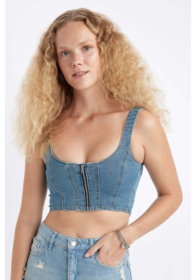 DeFacto Kalın Askılı Fermuarlı Crop Korse Jean Bluz C3335AX24HSNM39