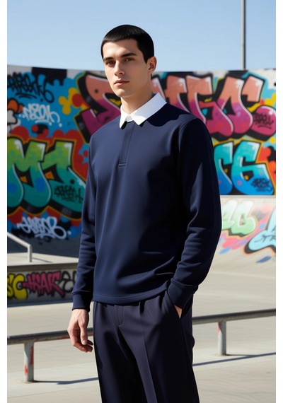 Benerly Erkek Polo Yaka Uzun Kol Oversize Kalıp Sweatshirt Fonksiyonel Da Lacivert