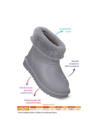Kiko Kids Geta Su Geçirmez İçi Kürklü Kız Çocuk Eva Yağmur Kar Çizme Gri Gri