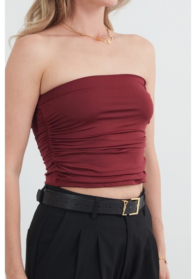 Fullamoda Basic Yanları Drapeli Straplez Büstiyer Bordo