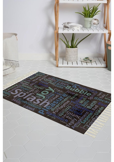 Banyo Halısı Dijital Baskılı Banyo Paspası 50x80 Polyester Kaymaz Tabanlı Duş Paspası World Cloud Beyaz - Siyah