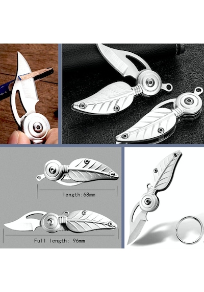 Omeniv Metal Mini Kamp Çakı Kamp Bıçak Anahtarlık Tüy Yaprak Form Gümüş