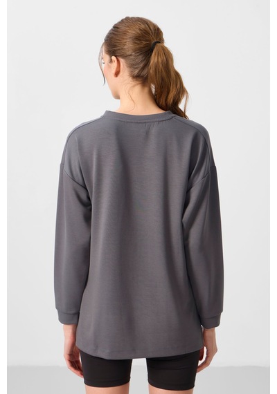 Tommylıfe Koyu Gri Yumuşak Dokulu O Yaka Rahat Form Kadın Tunik Sweatshirt - 97305