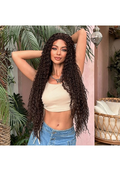 Afro Dalga Fiber Sentetik Tül Peruk - Kahverengi Çok Renkli