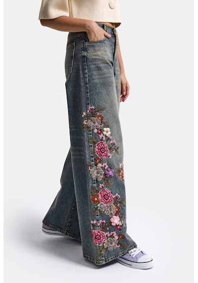 Kadın Kot Renk 4w6-8 Palazzo Fit Nakış Ve 3d Gül Detaylı Özel Tasarım Denim Jean