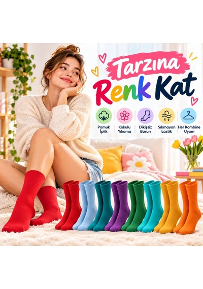 Womanandkids Wak Unisex Renkli Çorap 8'li Set Günlük Rahat Esnek Uzun Soket Çorap Canlı Renkler Yumuşak Konforlu Seti Çok  Renkli