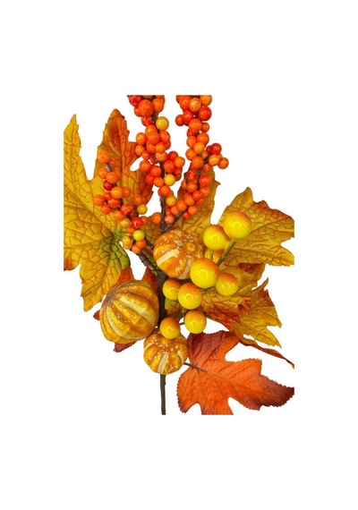 Yapay Çiçek Turuncu Kokina Halloween Turuncu Sonbahar Çınar Yapraklı Dal 45cm Yılbaşı Çiçeği Red Berry Turuncu