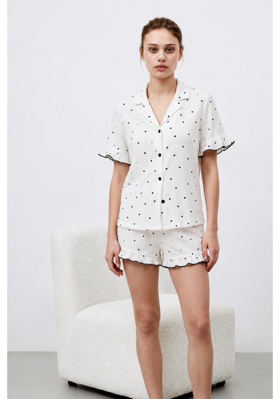 Kadın Premium Fırfırlı Beyaz Pijama Takımı