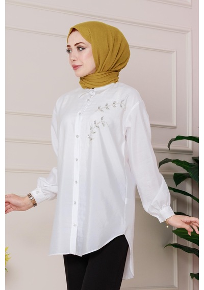 Sevitli Önü İnci Taş İşlemeli Tunik-beyaz-4795 Beyaz