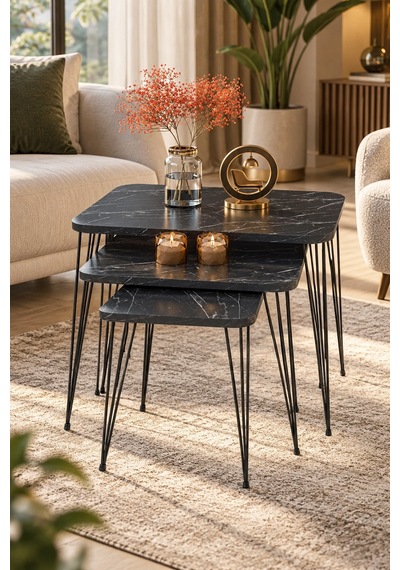 Odera Bendir Siyah Mermer Desenli Orta Sehpa Ve Zigon Sehpa 4'lü Set Siyah Metal Ayaklı Modern Salon Sehpası Diğer