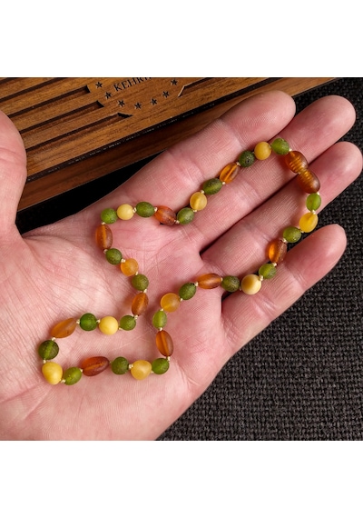 Sertifikalı Mat Yeşil Konyak 35 cm Kız Erkek Bebek Diş Kolyesi Siyah