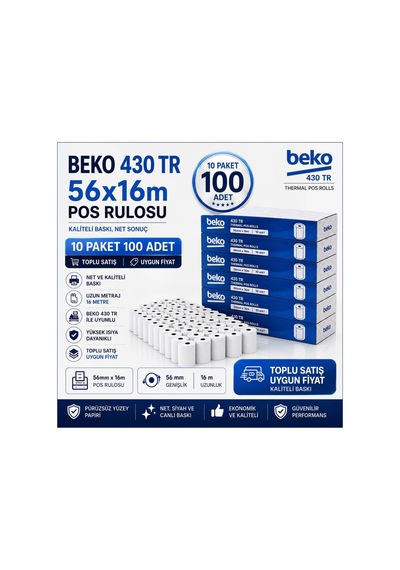 430 Tr Pos Rulosu 56x16 Mm Termal Rulo Kâğıt 10 Paket 100 Adet