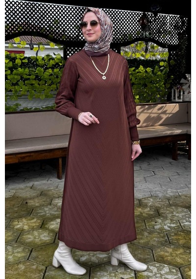 Rabia Şamlı Yağmur Triko Elbise Kahve Normal