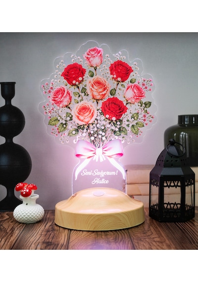Kırmızı Ve Pembe Gül Buketi Led Lamba Kişiye Özel Sevgili, Eş Ve Yıldönümü Hediyesi