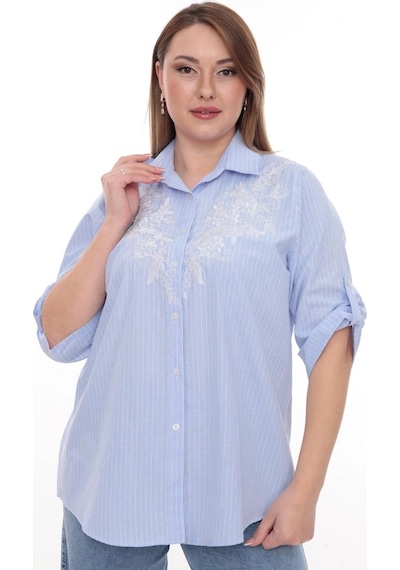 Lady Majestic Büyük Beden Cotton Nakış Detaylı Çizgili Gömlek Şık Ve Rahat Mavi