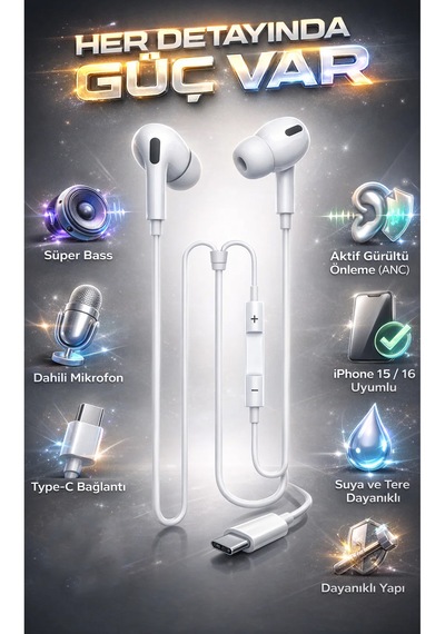 Type-c Kablolu Kulaklık Apple Uyumlu iPhone 15 16 Serisi Ve Android Type-c Telefonlarla  Mikrofonlu Diğer