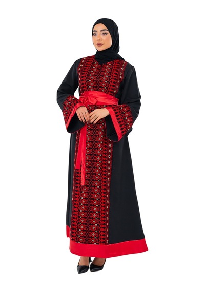 Zaytoon Uzun Kollu Tek Taraflı Nakışlı Kırmızı Kemerli Filistin Elbise C100057 Kırmızı