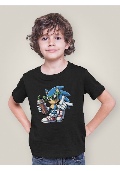 Sevbano Havalı Sonic Baskılı Unisex Çizgi Film Çocuk Tişört 1-12 Yaş SIYAH