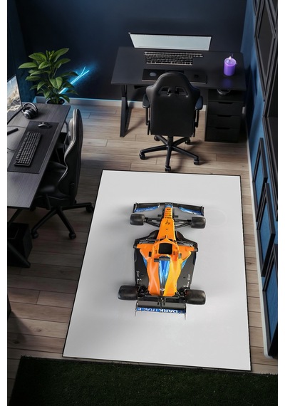Formula 1 Turuncu Yarış Arabası Halı Kaymaz Taban Yıkanabilir Genç Odası Halısı F1.2