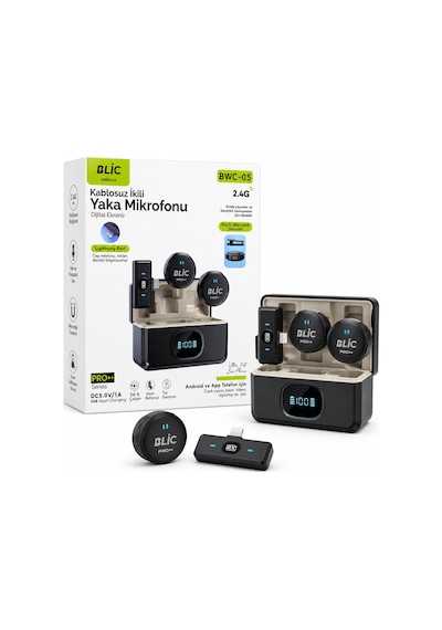 Bwc-05 Kablosuz İkili Yaka Mikrofonu Lightning Girişli Dijital Ekranlı 2.4g Canlı Yayın Ve Video Kayıt Mikrofonu