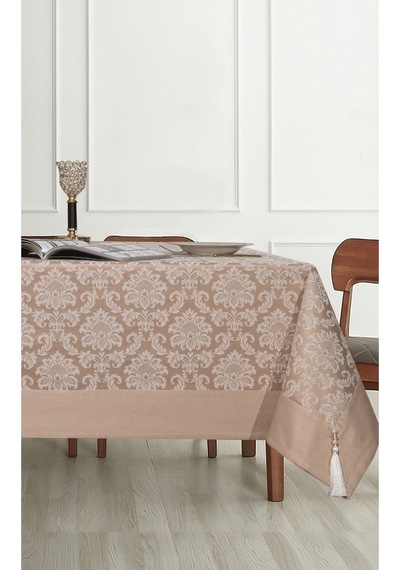 Pamuklu Damask Desen Bej Renk Lüks Masa Örtüsü 160x220 Cm