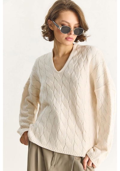 Shade Kadın Oval Yaka Saç Örgü Oversize Triko Kazak Tk241277 60284091 - Krem