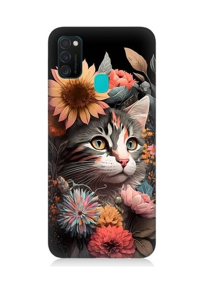 Samsung Galaxy M21 Uyumlu Çiçekler Ve Kül Gri Kedi Desenli Silikon Kılıf