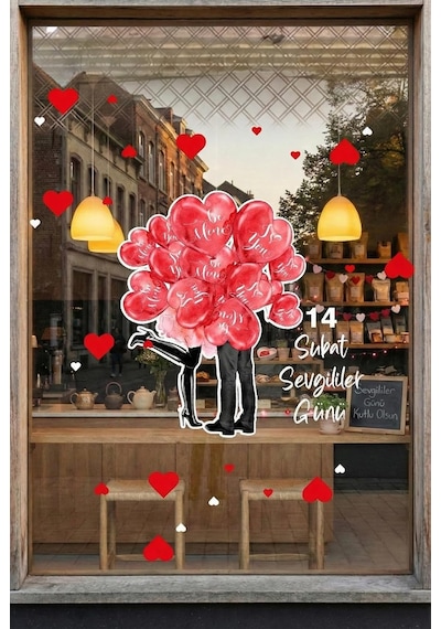 Tr Balonlar İçinde Sevgililer Kalpler Sevgililer Günü Cam Vitrin Sticker, Kendinden Yapışkanlı Dekoratif Duvar Ve Diğer