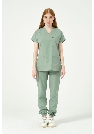 Çağla Yeşili Likralı Scrubs Jogger Paça Doktor Hemşire Forması Yarasa Kol Takım Unisex