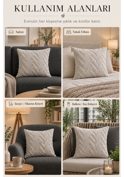 Wellsoft Dekoratif Kırlent Kılıfı 45x45 Ve 30x50 Peluş Koltuk Kanepe Yastık Kılıfı Açık Gri 45 x 45