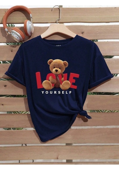 Flood Of Style Unisex Lacivert Love Ayı Baskılı Oversize