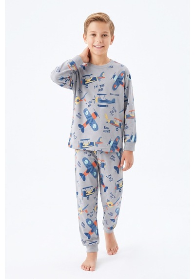 Modanino %100 Pamuk Erkek Çocuk Pijama Takımı 8-13 Yaş 12735ıs Gri