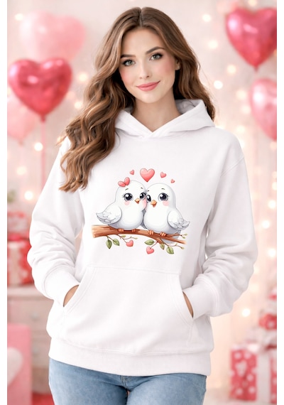 Stil X Sevgililer Gününe Özel, Kapüşonlu Kadın Sweatshırt, Valentıne's Day Beyaz-6